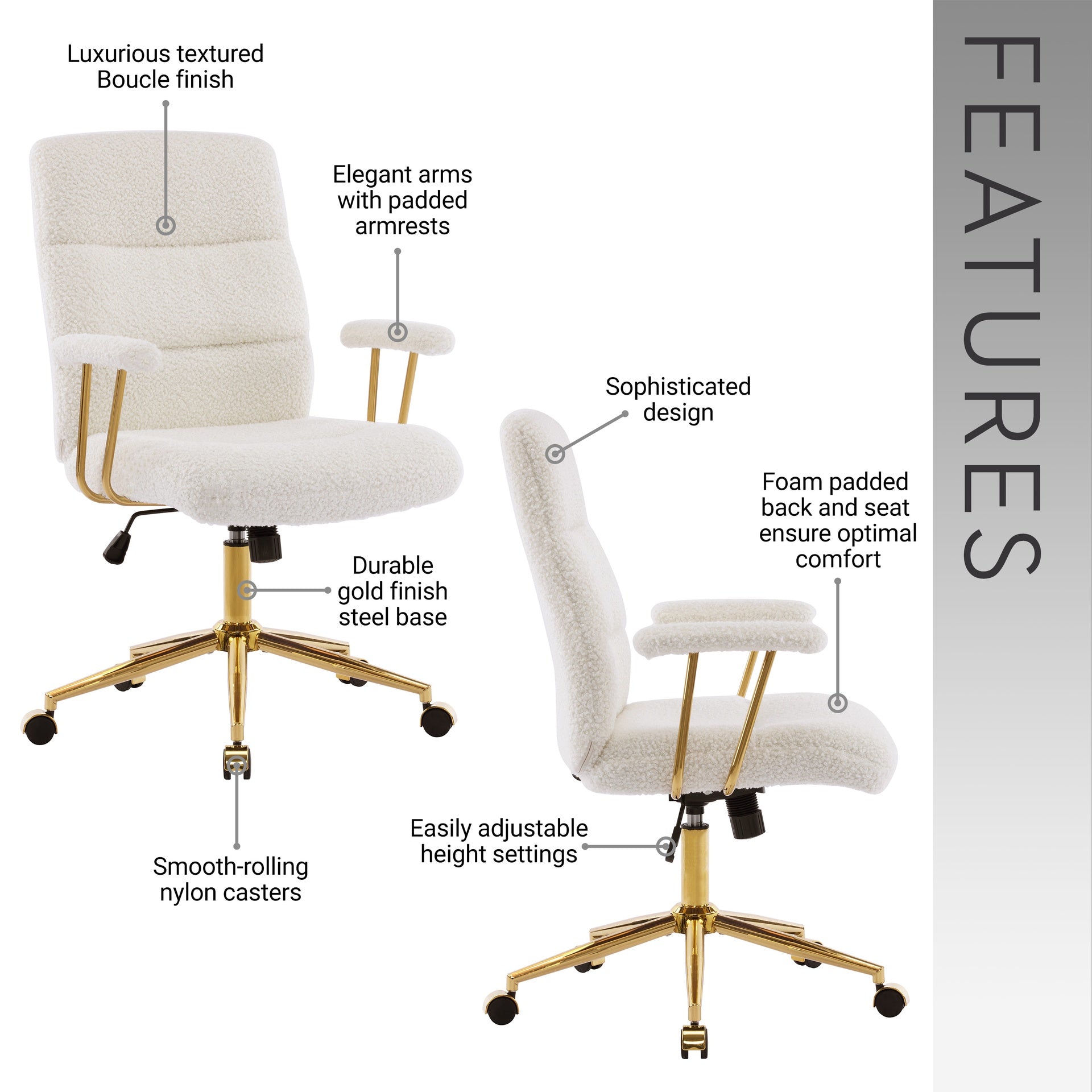 Textured Boucle Fabric White and Gold Office Chair, Modern Height Adjustable Desk Chair with Padded Arms