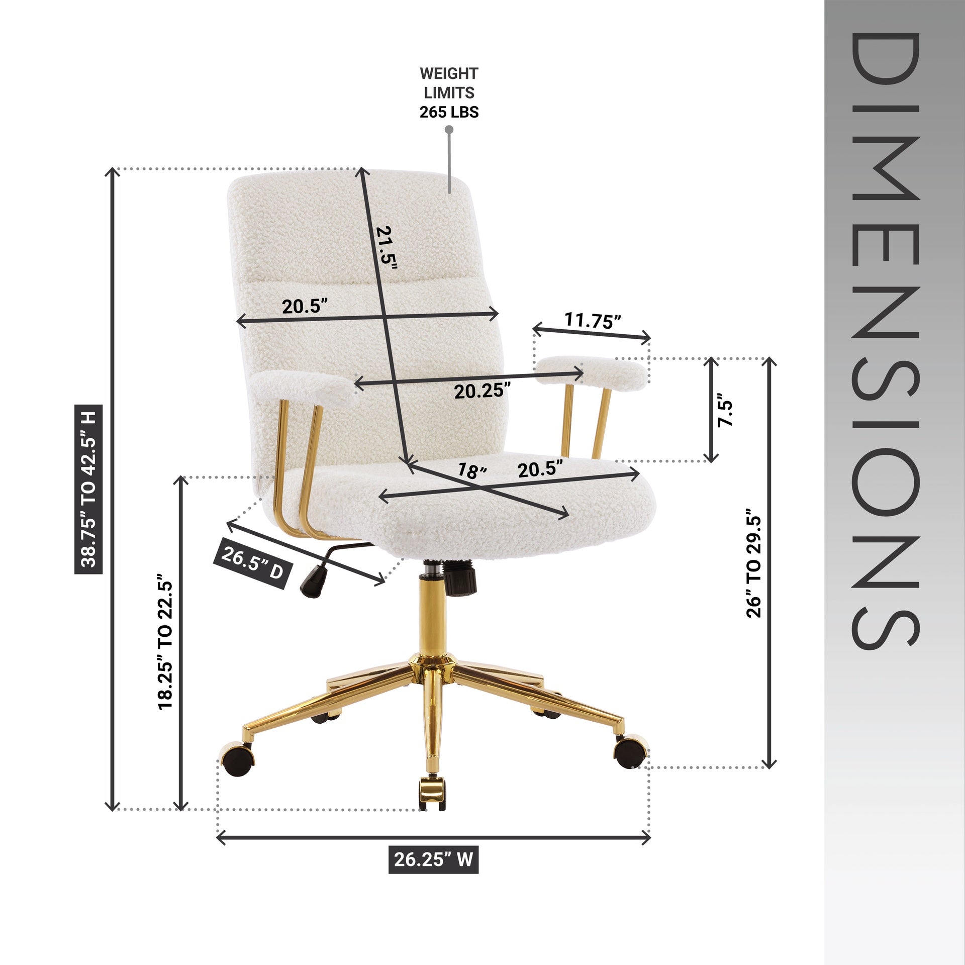 Textured Boucle Fabric White and Gold Office Chair, Modern Height Adjustable Desk Chair with Padded Arms
