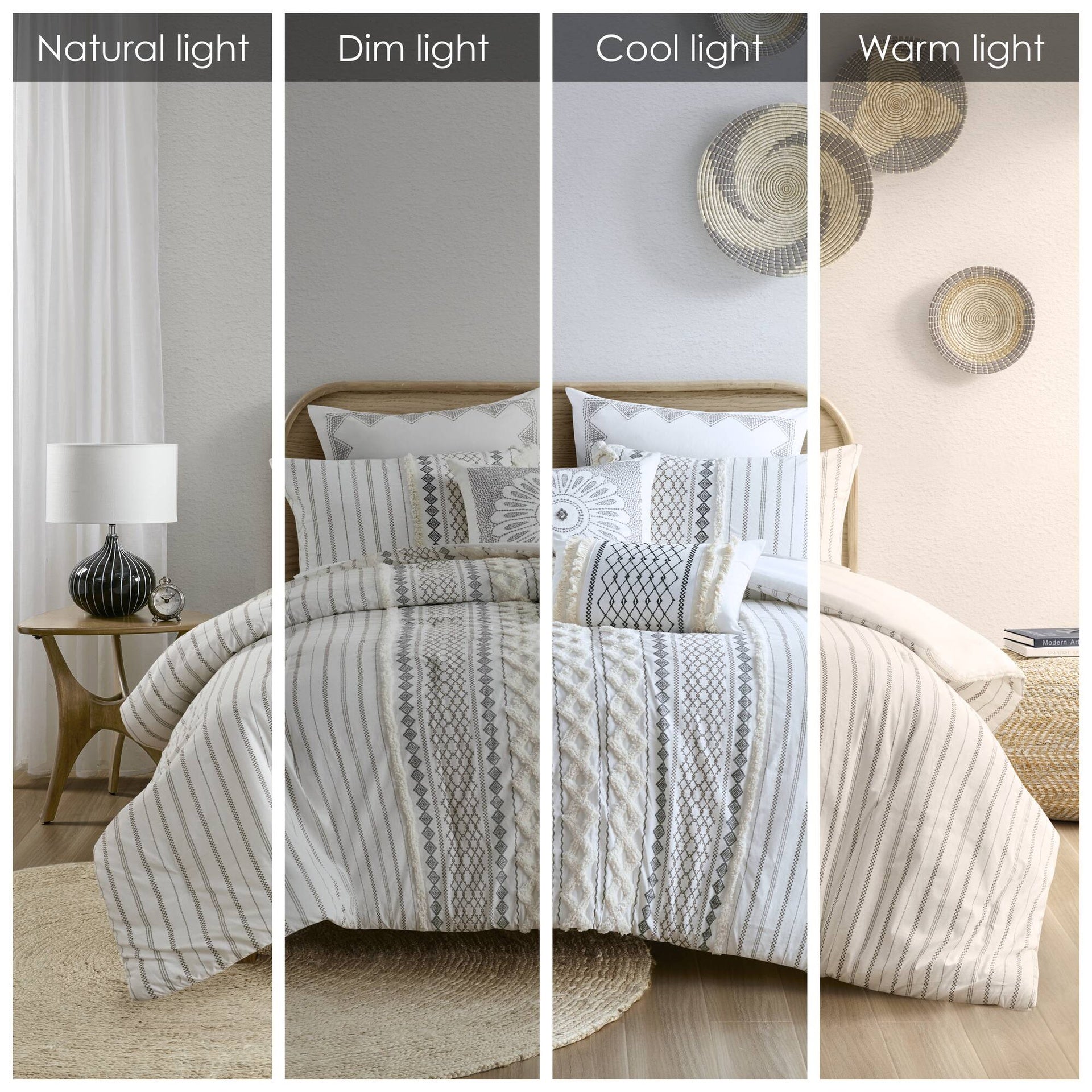 Cotton Printed Comforter Set with Chenille Ivory Full/Queen
