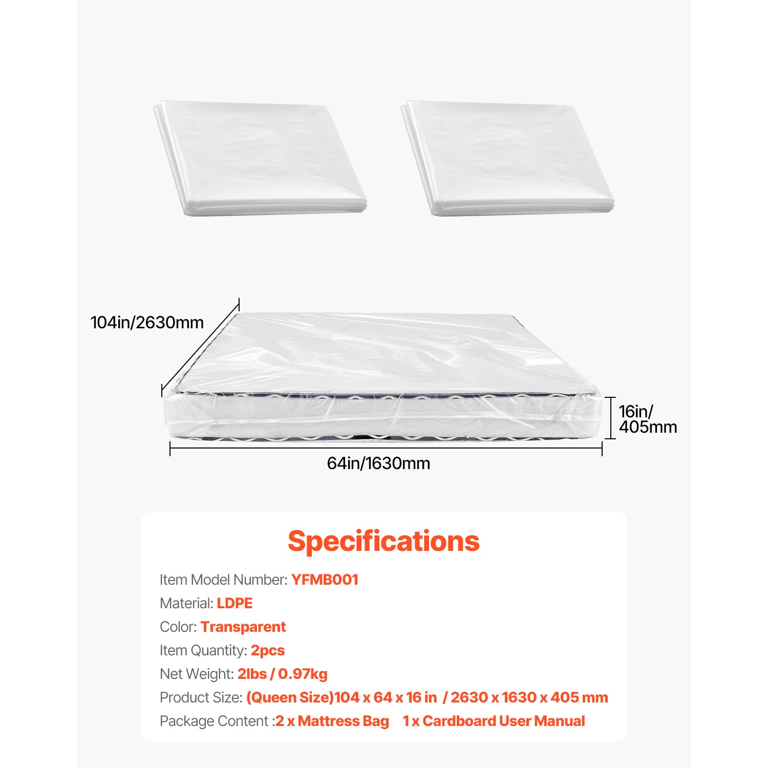Plastic Mattress Bag 2 PK Bed Cover for Moving and Storage (2 Mil & Queen Size)