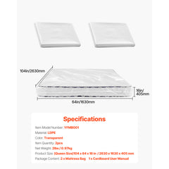Plastic Mattress Bag 2 PK Bed Cover for Moving and Storage (2 Mil & Queen Size)