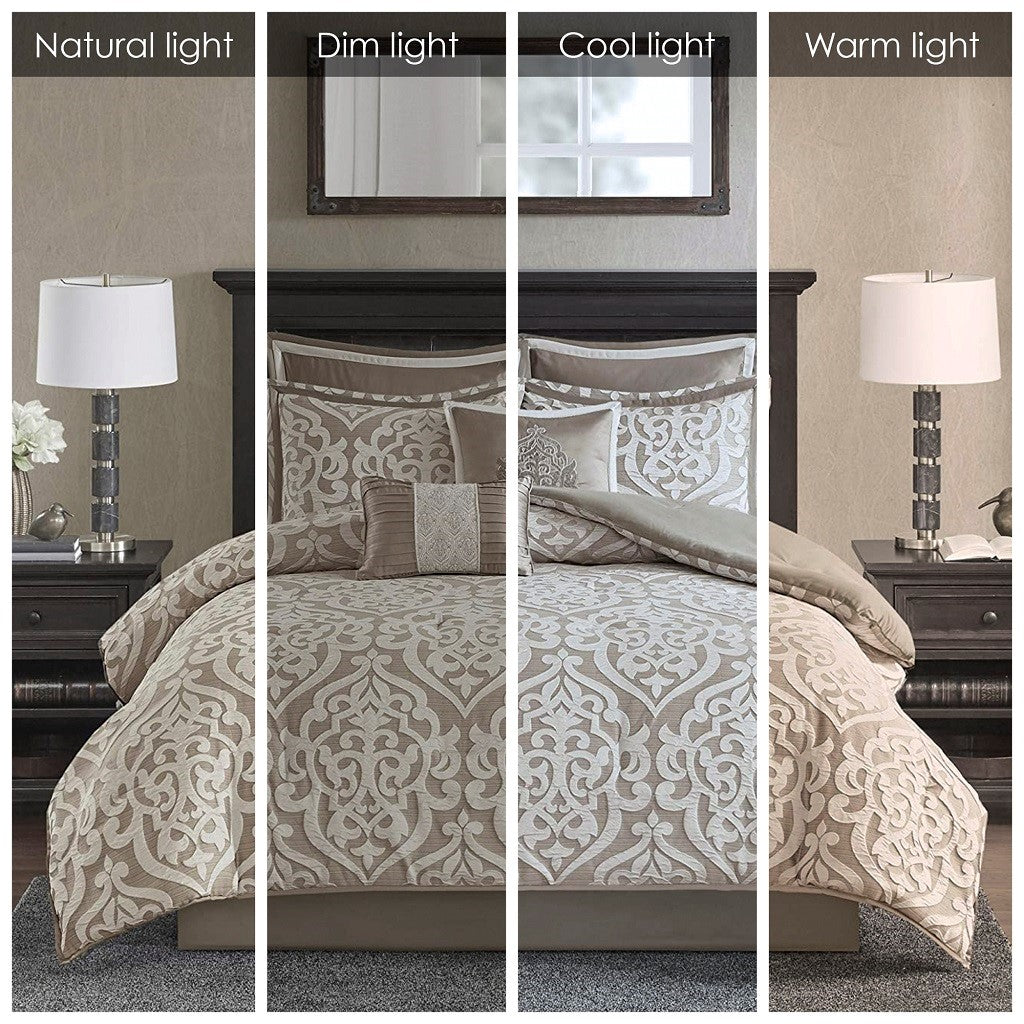 8 Piece Jacquard Comforter Set Tan/Ivory Queen