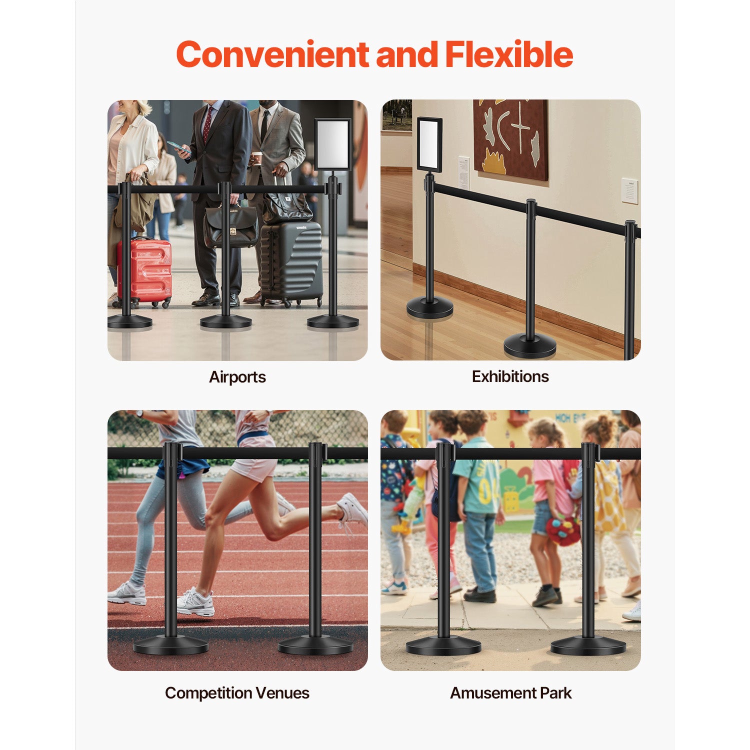 Stanchion Post, 8 Pcs Stanchions with Retractable Belts, Carbon Steel Black Stanchions Queue with Sand Injection Hollow Base, Crowd Control Barriers for Theaters, Parties, Weddings, Exhibitions