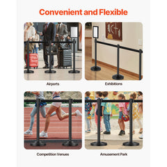 Stanchion Post, 8 Pcs Stanchions with Retractable Belts, Carbon Steel Black Stanchions Queue with Sand Injection Hollow Base, Crowd Control Barriers for Theaters, Parties, Weddings, Exhibitions