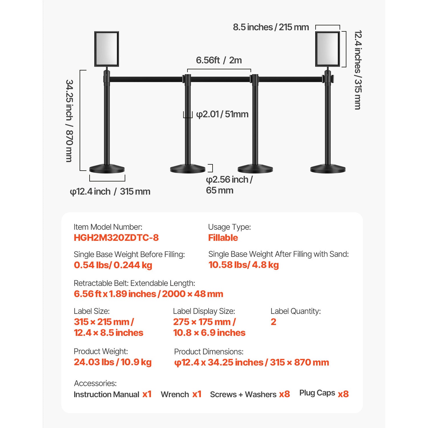 Stanchion Post, 8 Pcs Stanchions with Retractable Belts, Carbon Steel Black Stanchions Queue with Sand Injection Hollow Base, Crowd Control Barriers for Theaters, Parties, Weddings, Exhibitions