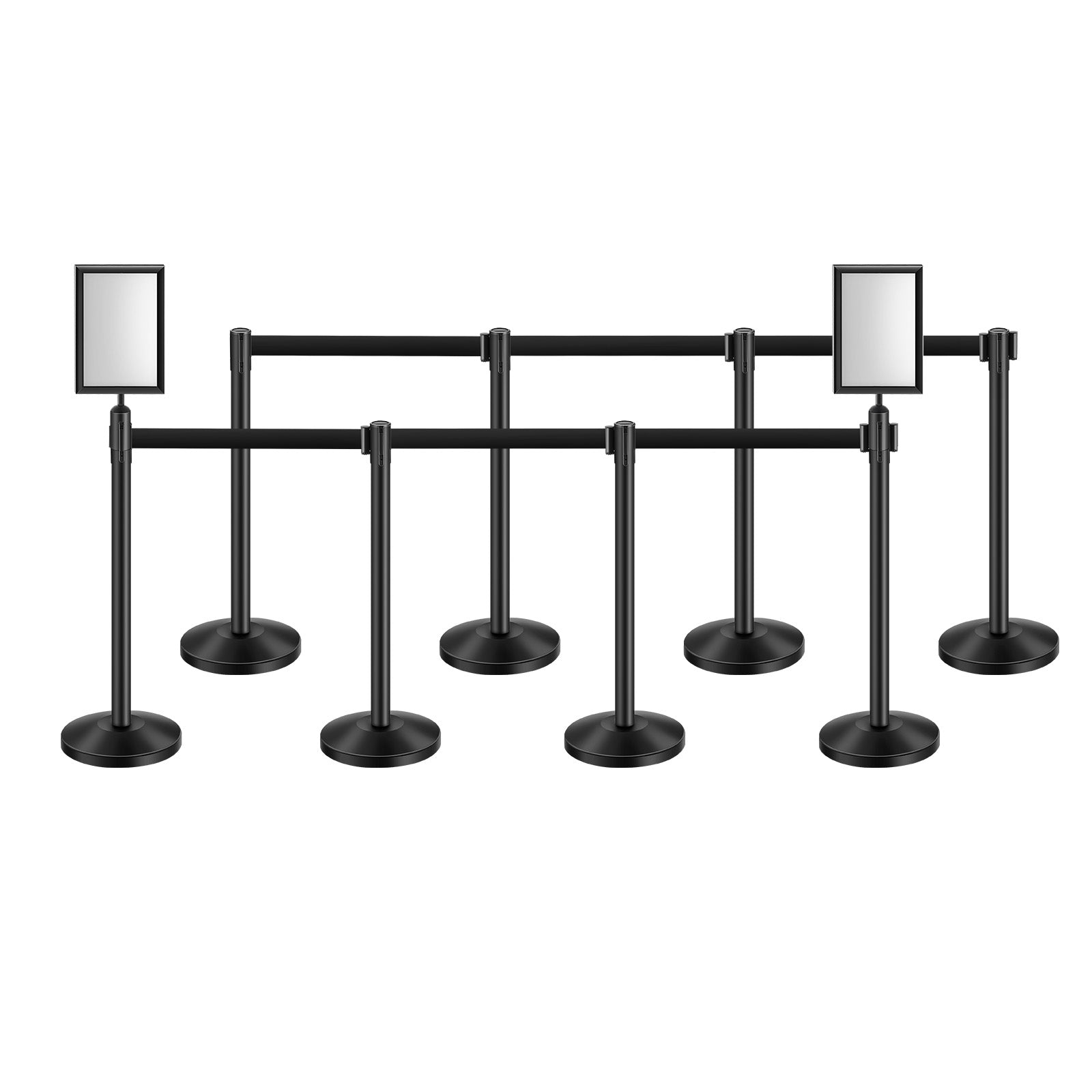 Stanchion Post, 8 Pcs Stanchions with Retractable Belts, Carbon Steel Black Stanchions Queue with Sand Injection Hollow Base, Crowd Control Barriers for Theaters, Parties, Weddings, Exhibitions
