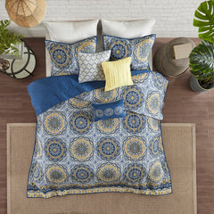 6 Piece Reversible Quilt Set with Throw Pillows Blue Full/Queen