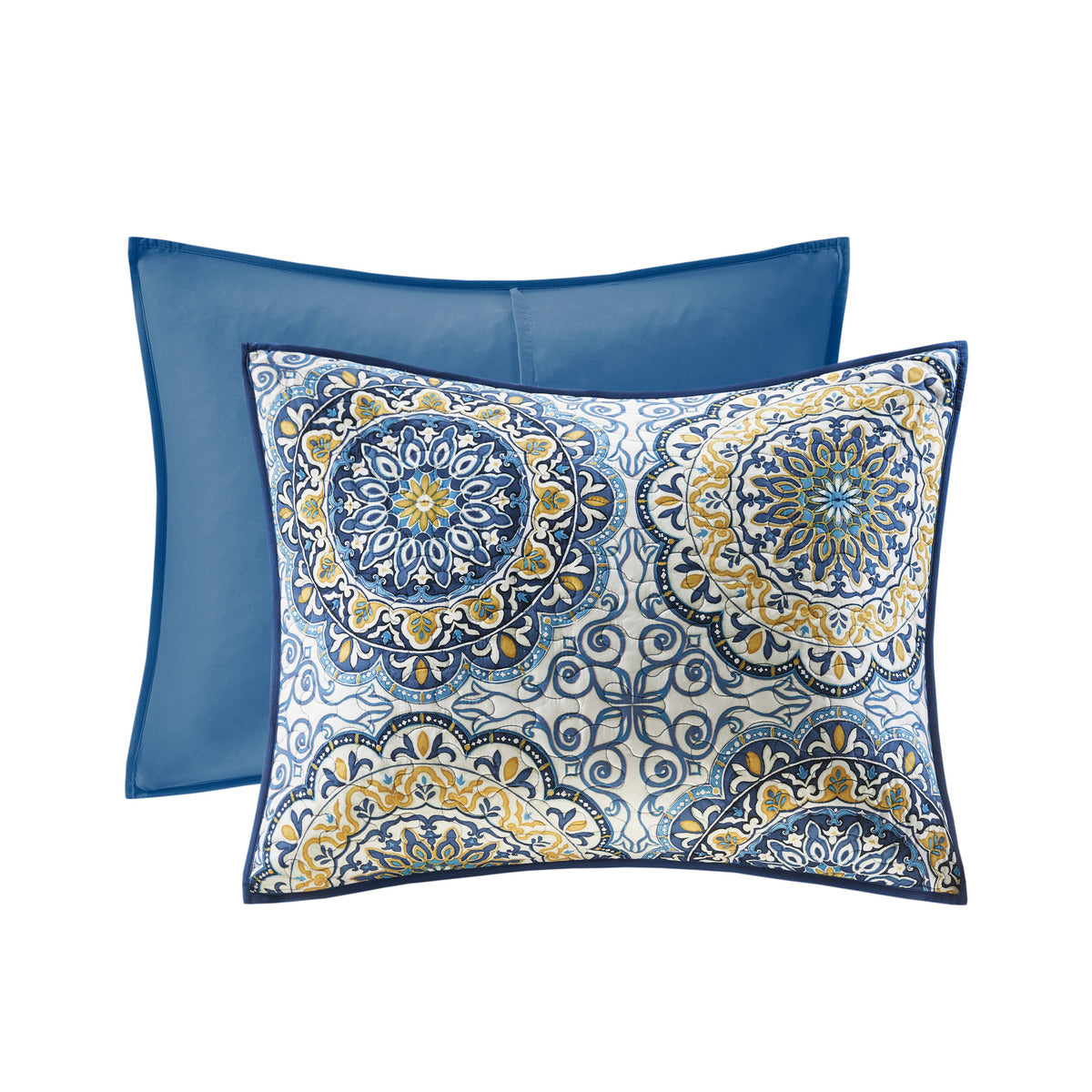 6 Piece Reversible Quilt Set with Throw Pillows Blue Full/Queen