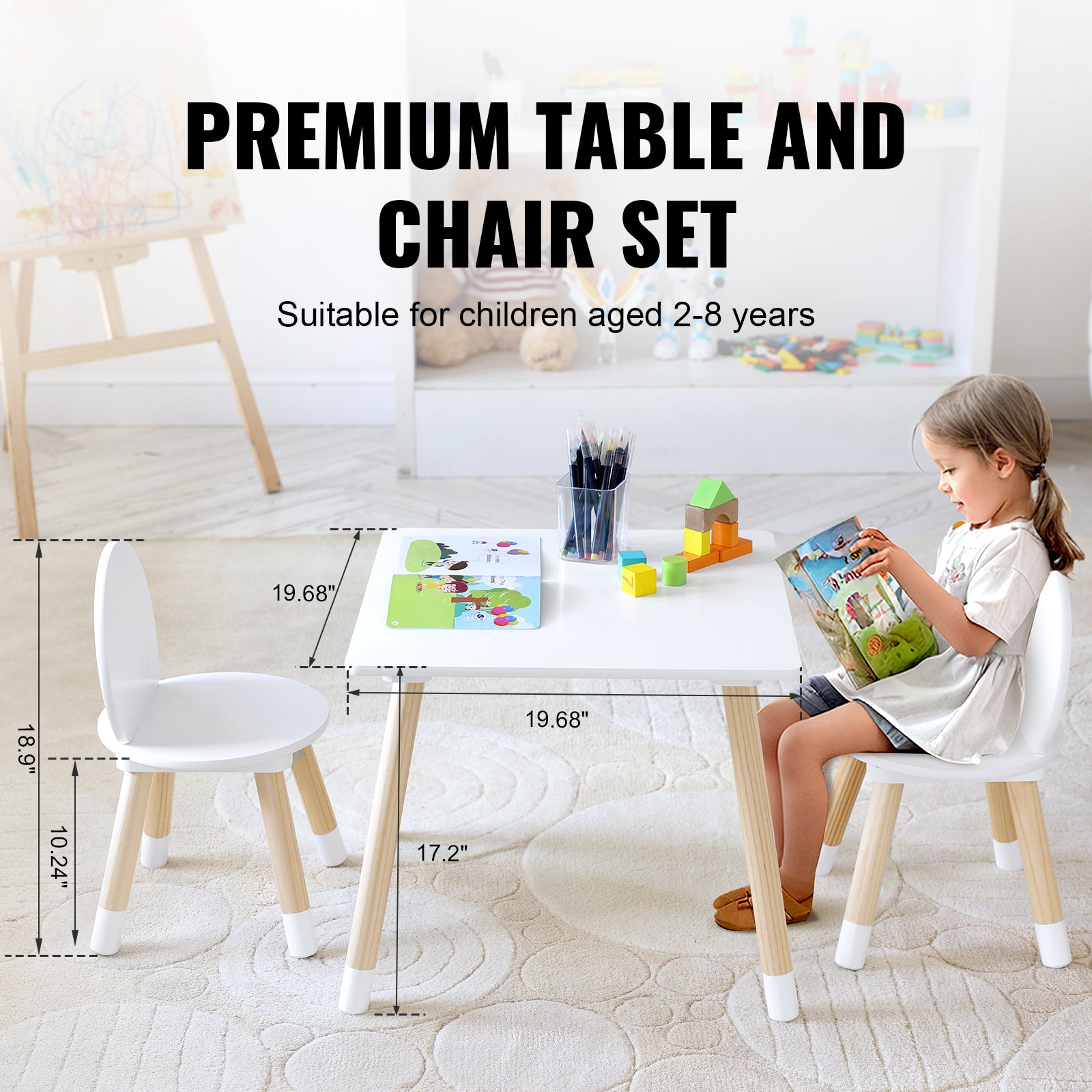 Kids Table and 2 Chairs Set, Toddler Table and Chair Set, Children Multi-Activity Table for Art, Craft, Reading, Learning, 1 Table and 2 Chairs