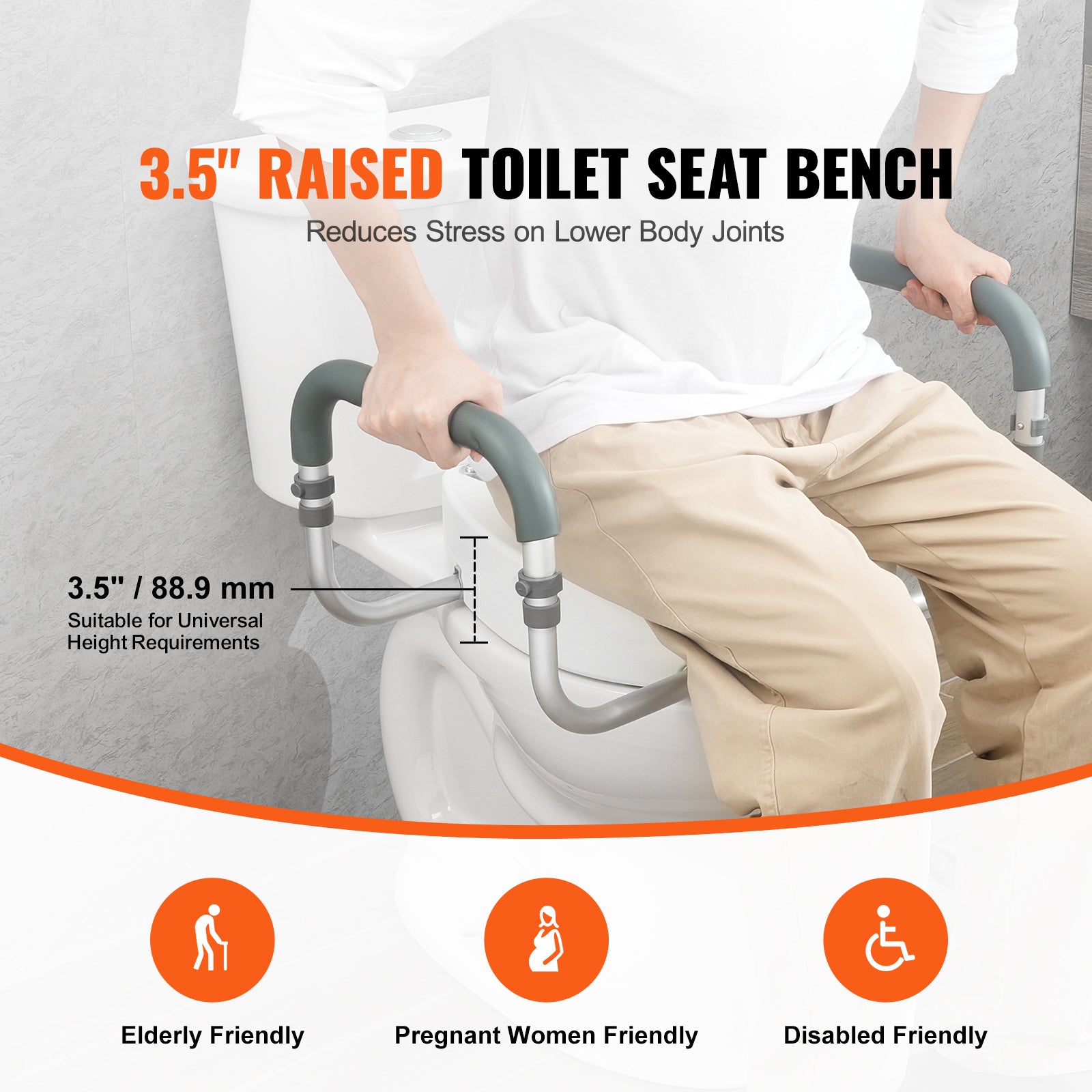Raised Toilet Seat, 3.5" Height Raised, 300 lbs Weight Capacity, for Standard Round Toilet, Aluminum Handrail, with EVA Armrest Padding, for Elderly, Handicap, Patient, Pregnant, Medical