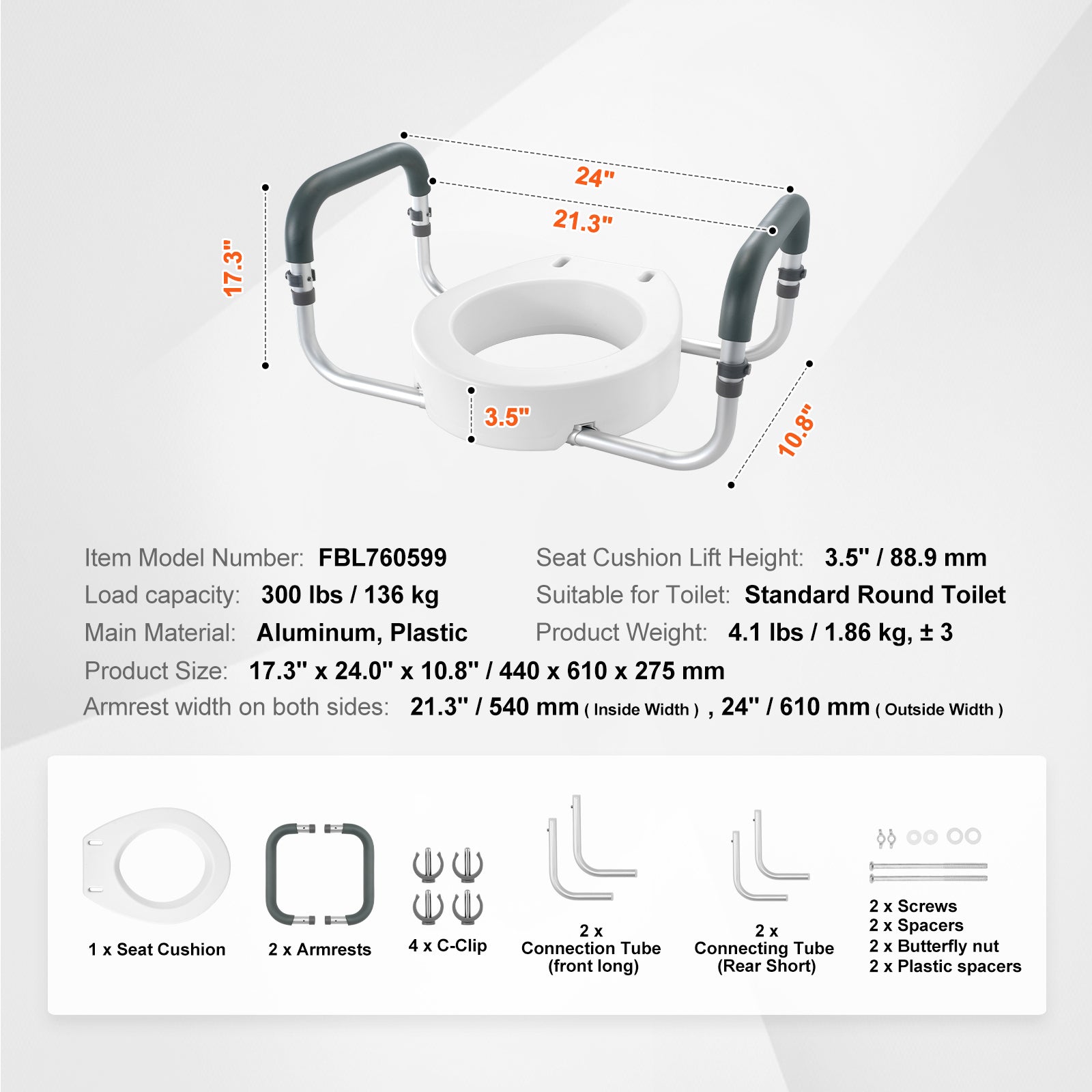 Raised Toilet Seat, 3.5" Height Raised, 300 lbs Weight Capacity, for Standard Round Toilet, Aluminum Handrail, with EVA Armrest Padding, for Elderly, Handicap, Patient, Pregnant, Medical