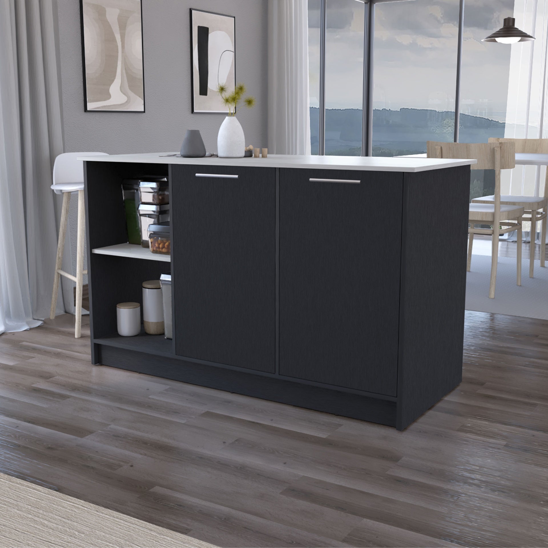 Mercury Kitchen Island with spacious Countertop, Double Door Cabinets, and 2 Open Storage Shelves