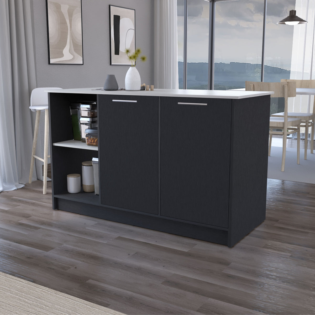 Mercury Kitchen Island with spacious Countertop, Double Door Cabinets, and 2 Open Storage Shelves