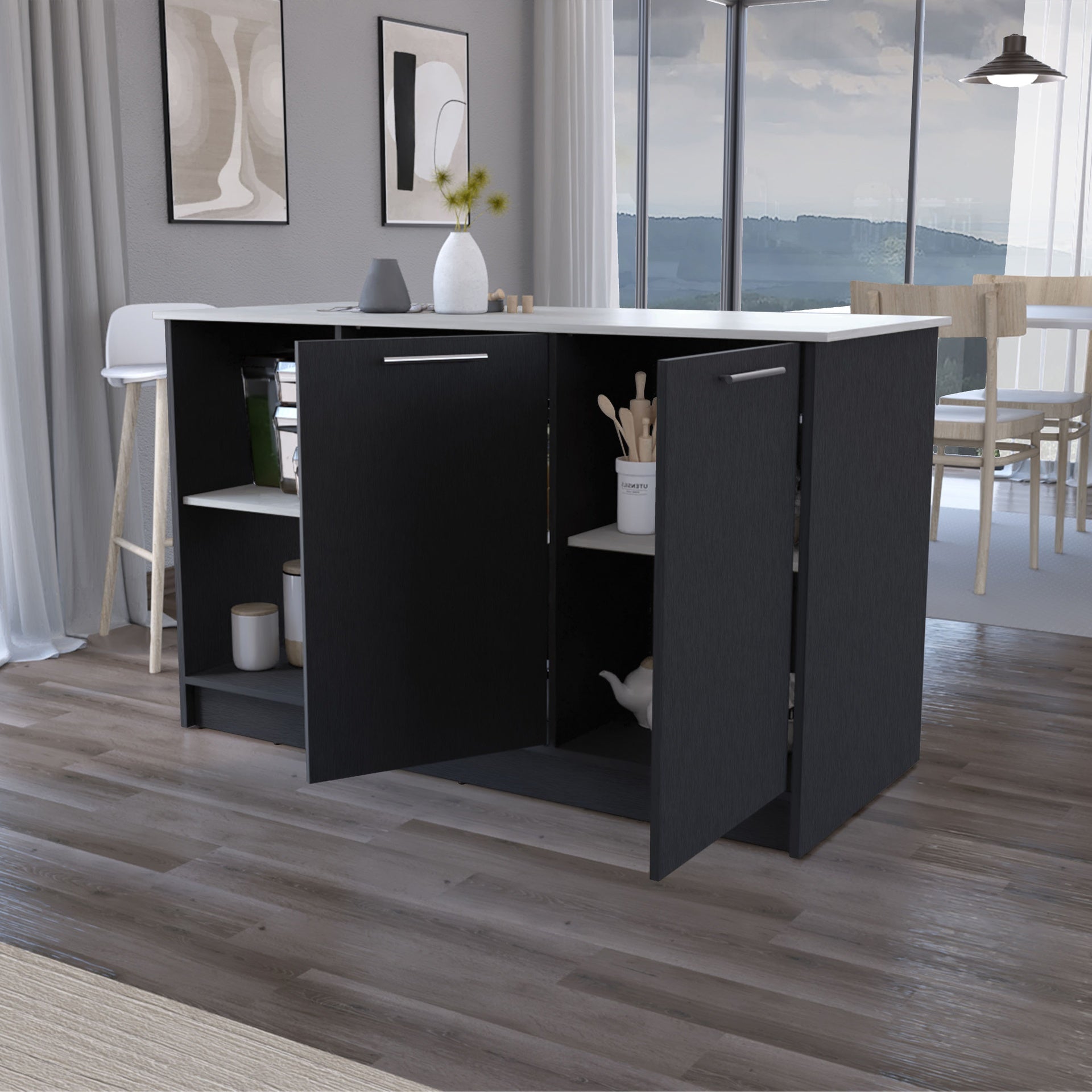 Mercury Kitchen Island with spacious Countertop, Double Door Cabinets, and 2 Open Storage Shelves