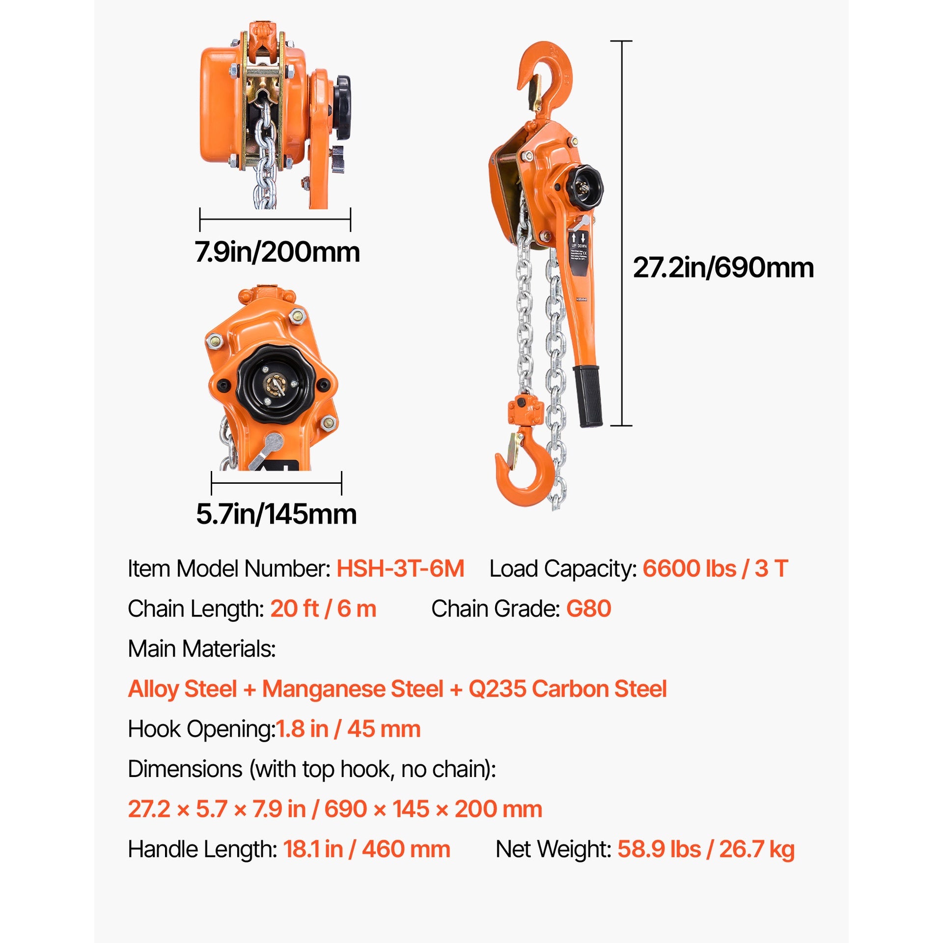 Manual Lever Chain Hoist, 3T 6600LBS Capacity Heavy Duty Come Along, 20FT Lift G80 Alloy Steel Chain With Dual Pawl Mechanical Brake,360°Rotating Hooks, for Warehouse Construction Garage