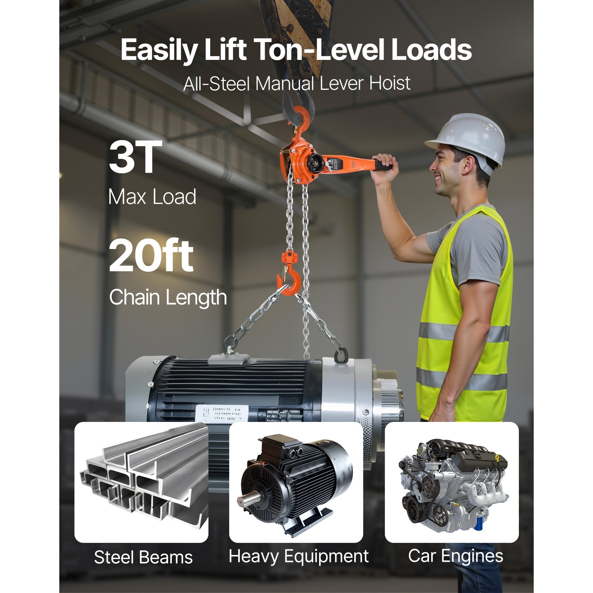 Manual Lever Chain Hoist, 3T 6600LBS Capacity Heavy Duty Come Along, 20FT Lift G80 Alloy Steel Chain With Dual Pawl Mechanical Brake,360°Rotating Hooks, for Warehouse Construction Garage