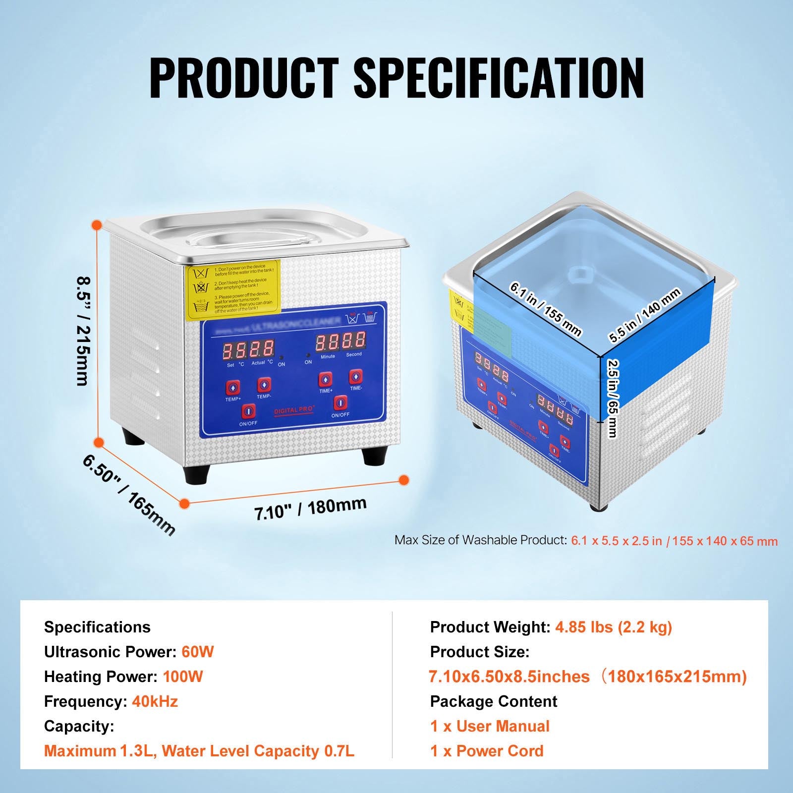 Ultrasonic Cleaner 1.3L Professional Ultrasonic Cleaner with Digital Timer 40kHz Excellent Ultrasonic Cleaning Machine 110V for Jewelry Watch Ring Coin Diamond Eyeglasses Small Parts Cleaning
