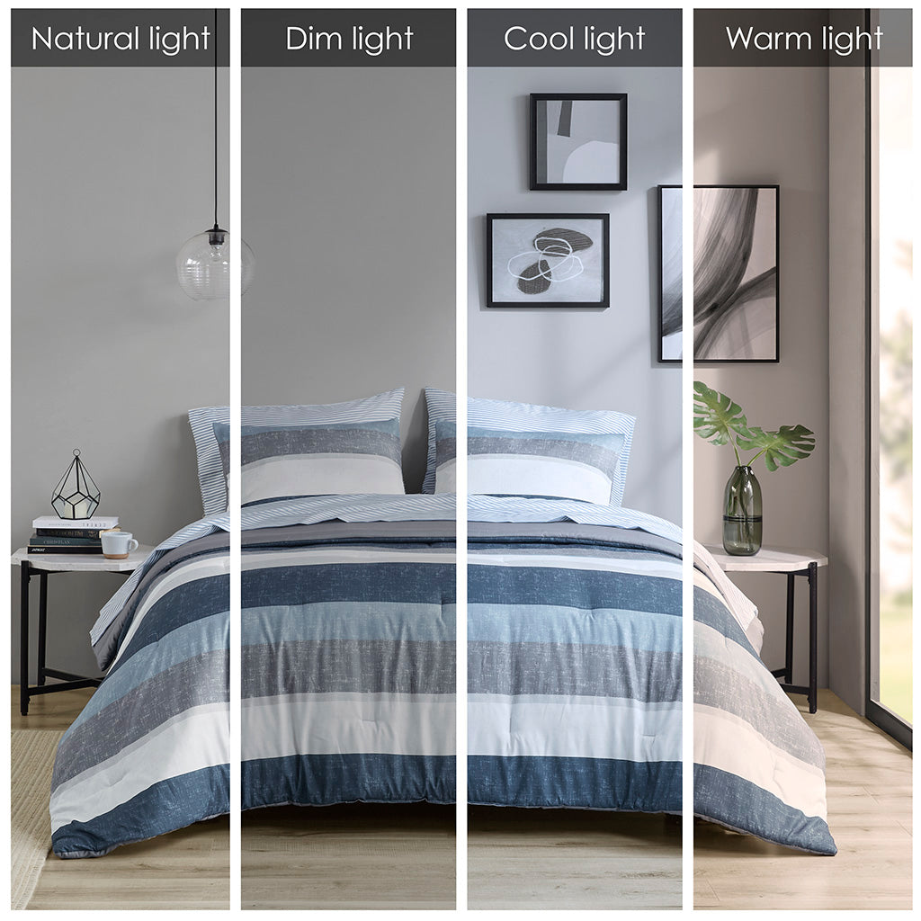Stripe Comforter Set with Bed Sheets Blue/Grey Queen