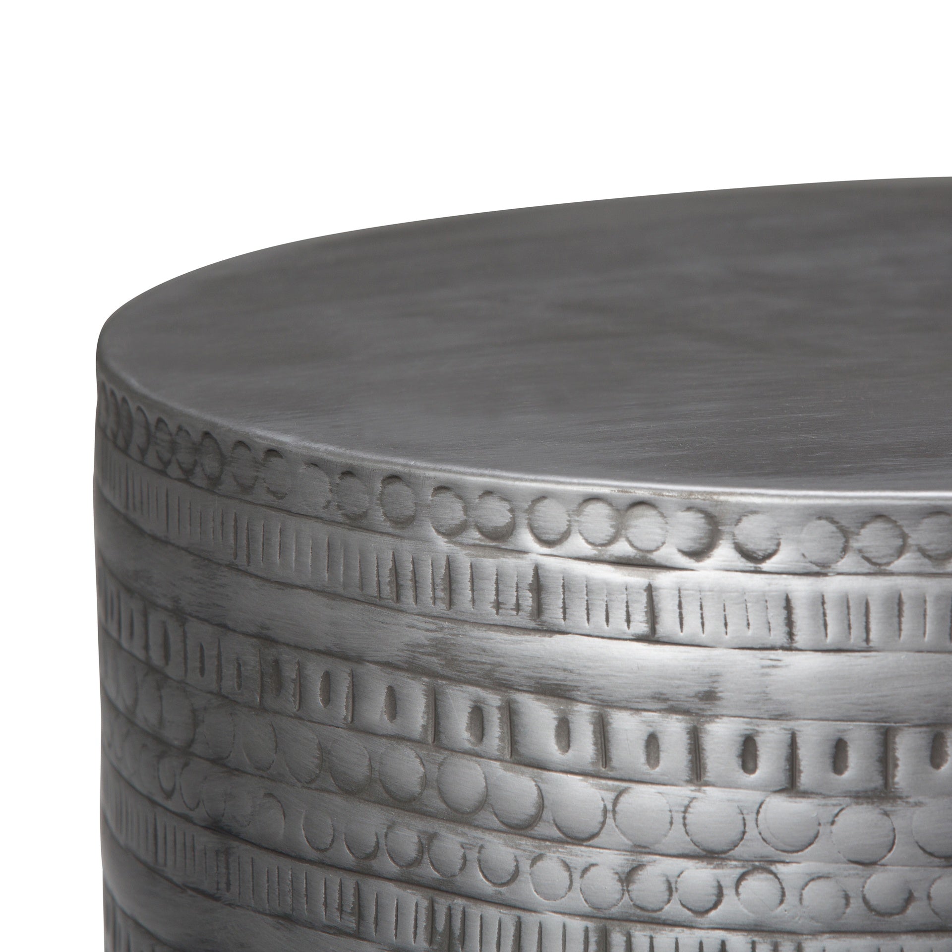 Johnsen 15 inch Wide Tribal Pattern Metal Accent Table in Antique Silver