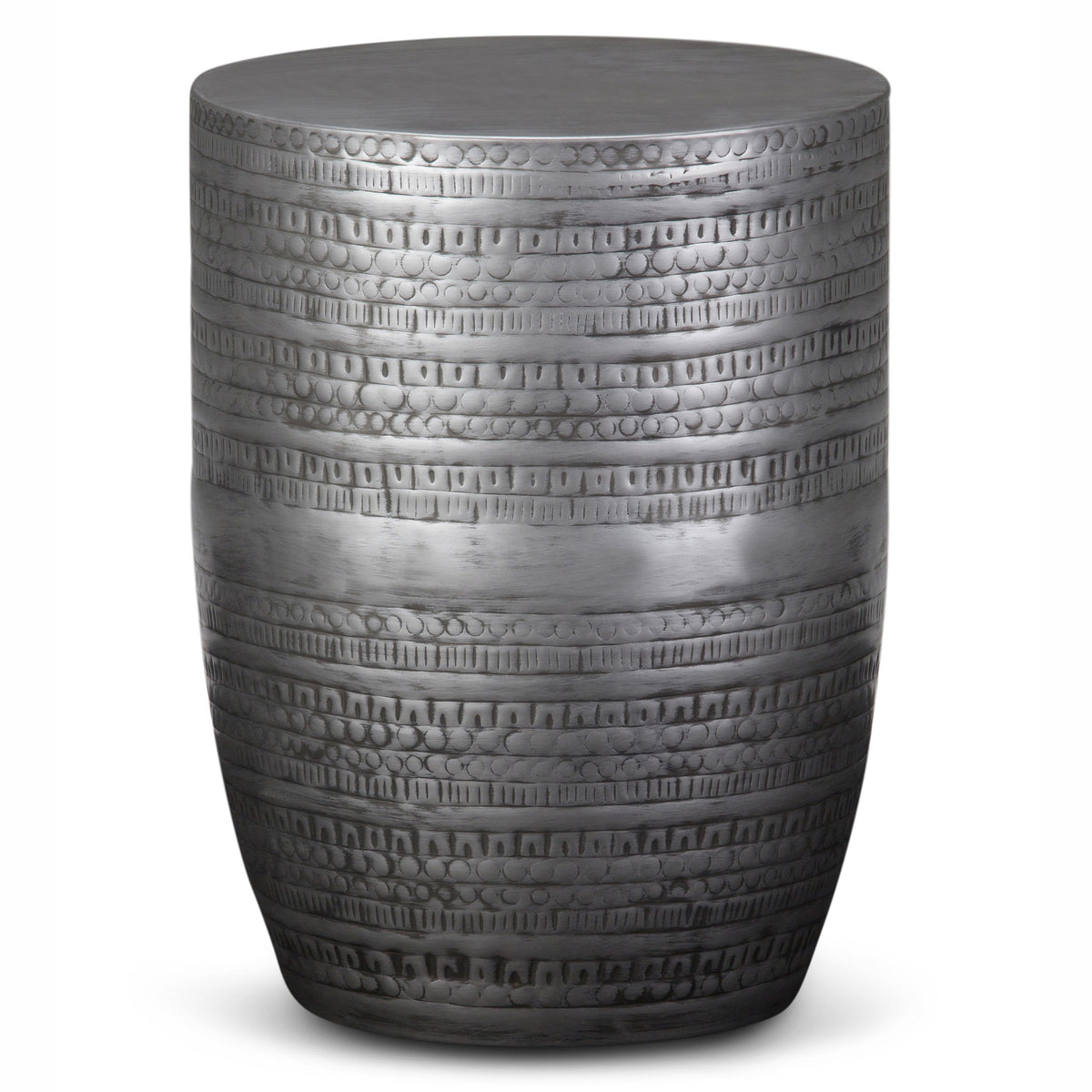 Johnsen 15 inch Wide Tribal Pattern Metal Accent Table in Antique Silver