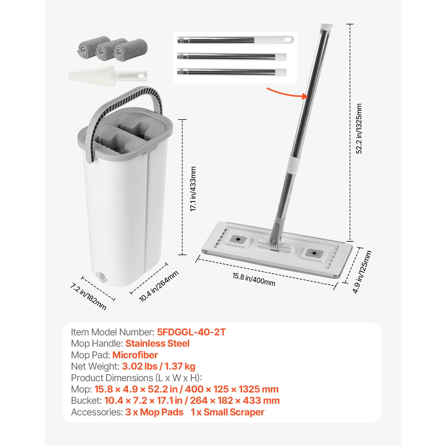 Mop and Bucket with Wringer Set, Wet & Dry Use, Flat Mop and Bucket System with 3 Washable Microfiber Pads, Flat Mop with Stainless Steel Handle, Mop Bucket Set for Hardwood Tile Vinyl