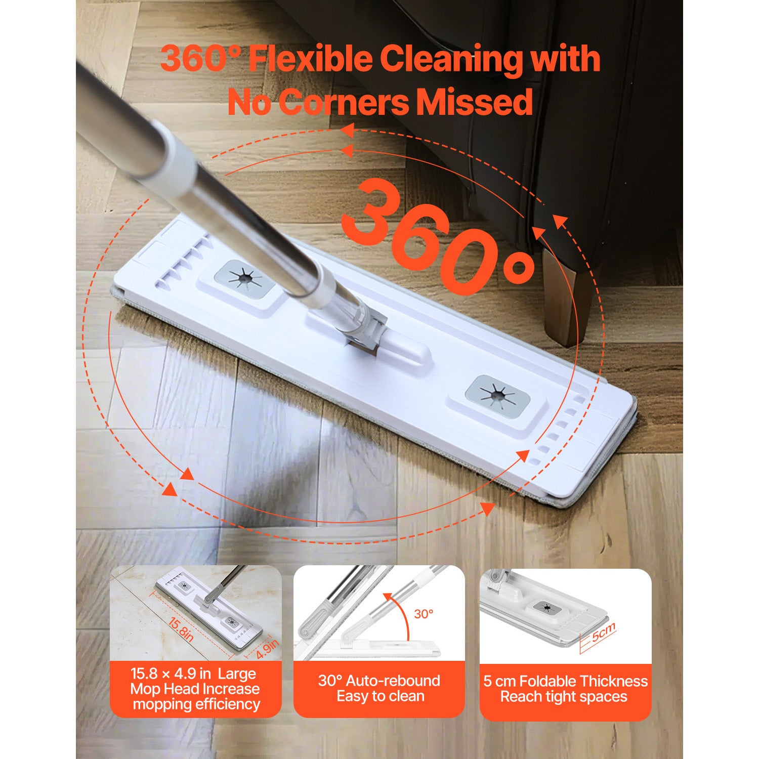 Mop and Bucket with Wringer Set, Wet & Dry Use, Flat Mop and Bucket System with 3 Washable Microfiber Pads, Flat Mop with Stainless Steel Handle, Mop Bucket Set for Hardwood Tile Vinyl