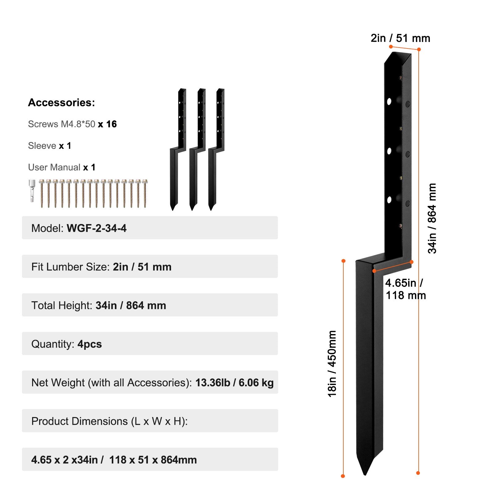 Fence Post Anchor Repair Kit, 4 Pack Inner Diameter 2 x2 Inches Heavy Duty Steel Fence Post Support Stakes, Anchor Ground Spike for Repair Tilted, Broken Wood Fence Post
