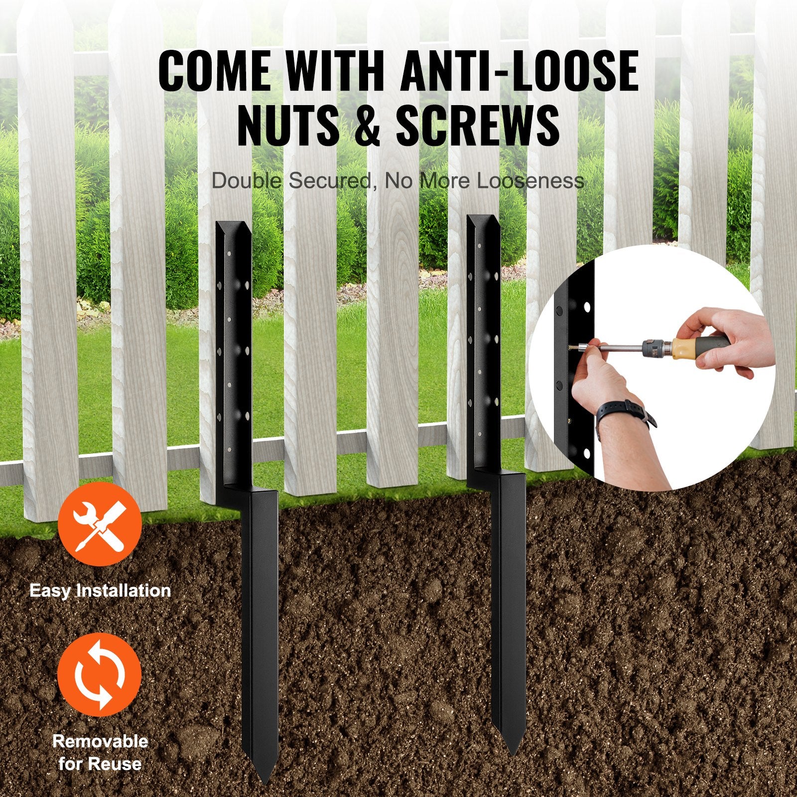 Fence Post Anchor Repair Kit, 4 Pack Inner Diameter 2 x2 Inches Heavy Duty Steel Fence Post Support Stakes, Anchor Ground Spike for Repair Tilted, Broken Wood Fence Post