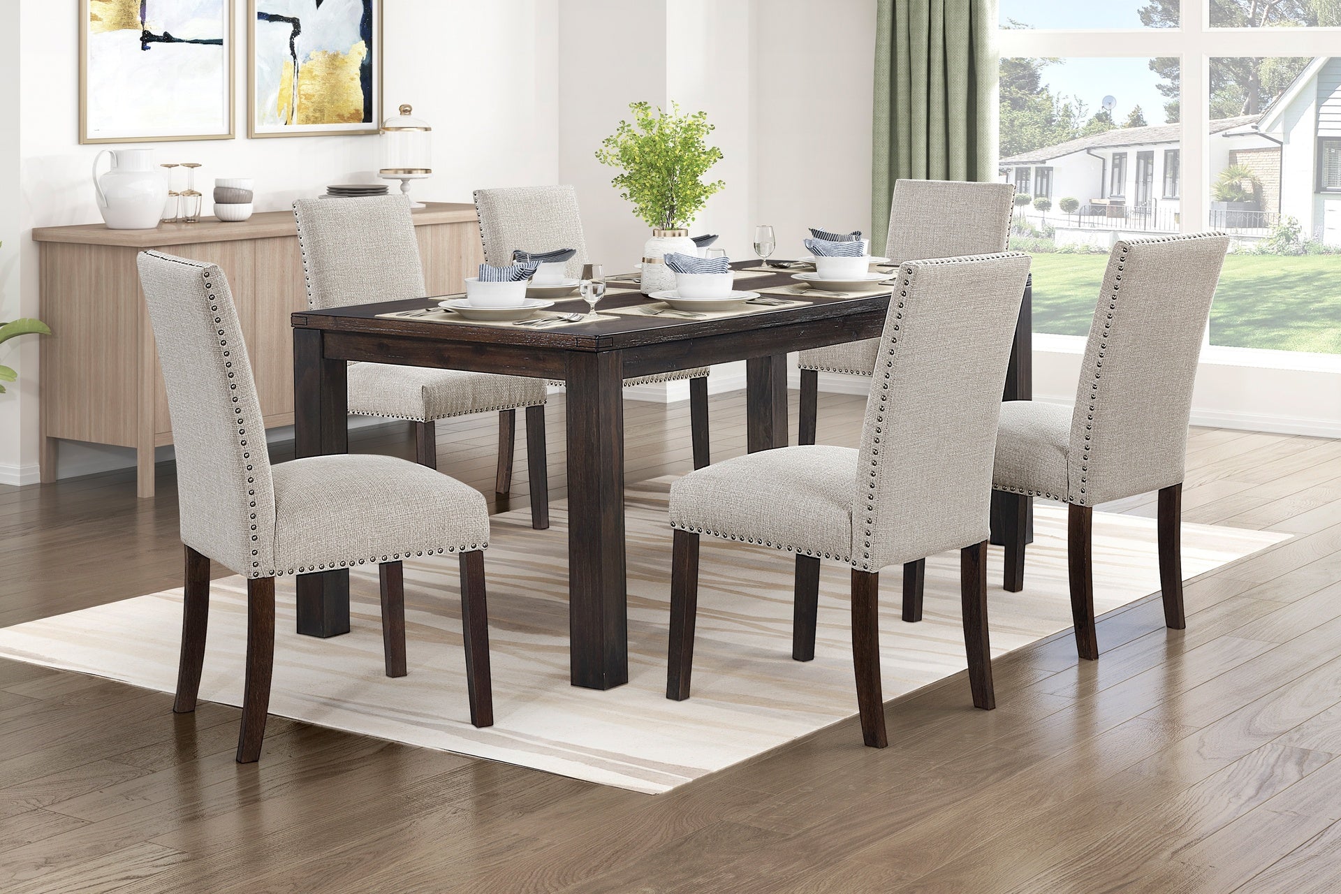 Taupe Brown Dining Chairs Set of 2, Full Upholstered Comfort Seat Back Nailhead Trim Wooden Dining Furniture