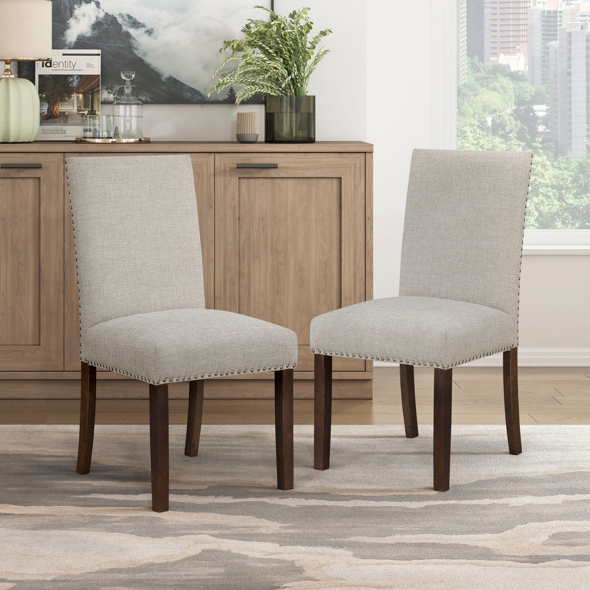 Taupe Brown Dining Chairs Set of 2, Full Upholstered Comfort Seat Back Nailhead Trim Wooden Dining Furniture