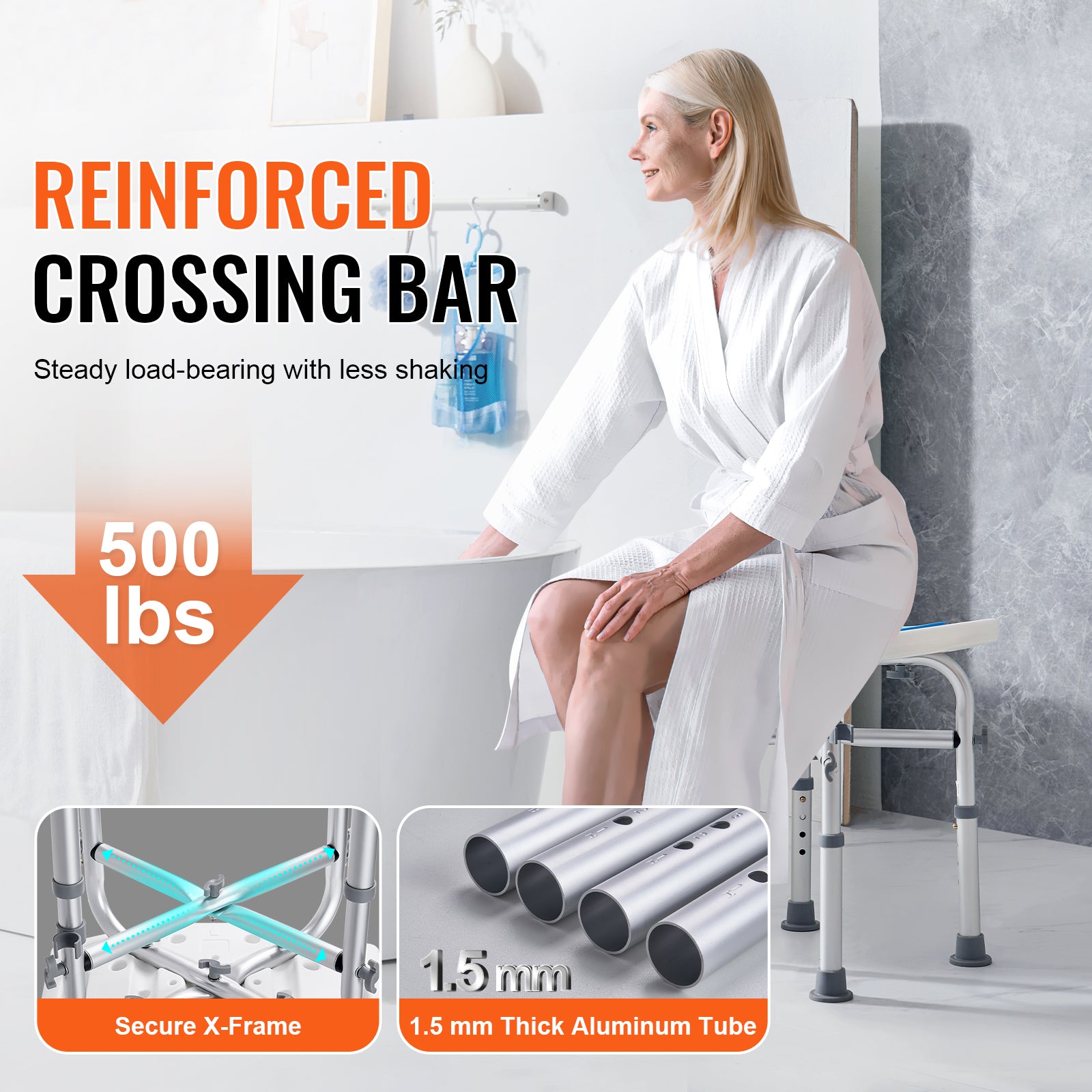 Shower Chair for Inside Shower, Adjustable Height Shower Stool with Crossbar Support, Shower Seat for Shower Tub, Non-Slip Bench Bathtub Stool Seat for Elderly Disabled Adults Handicap, 500 lbs