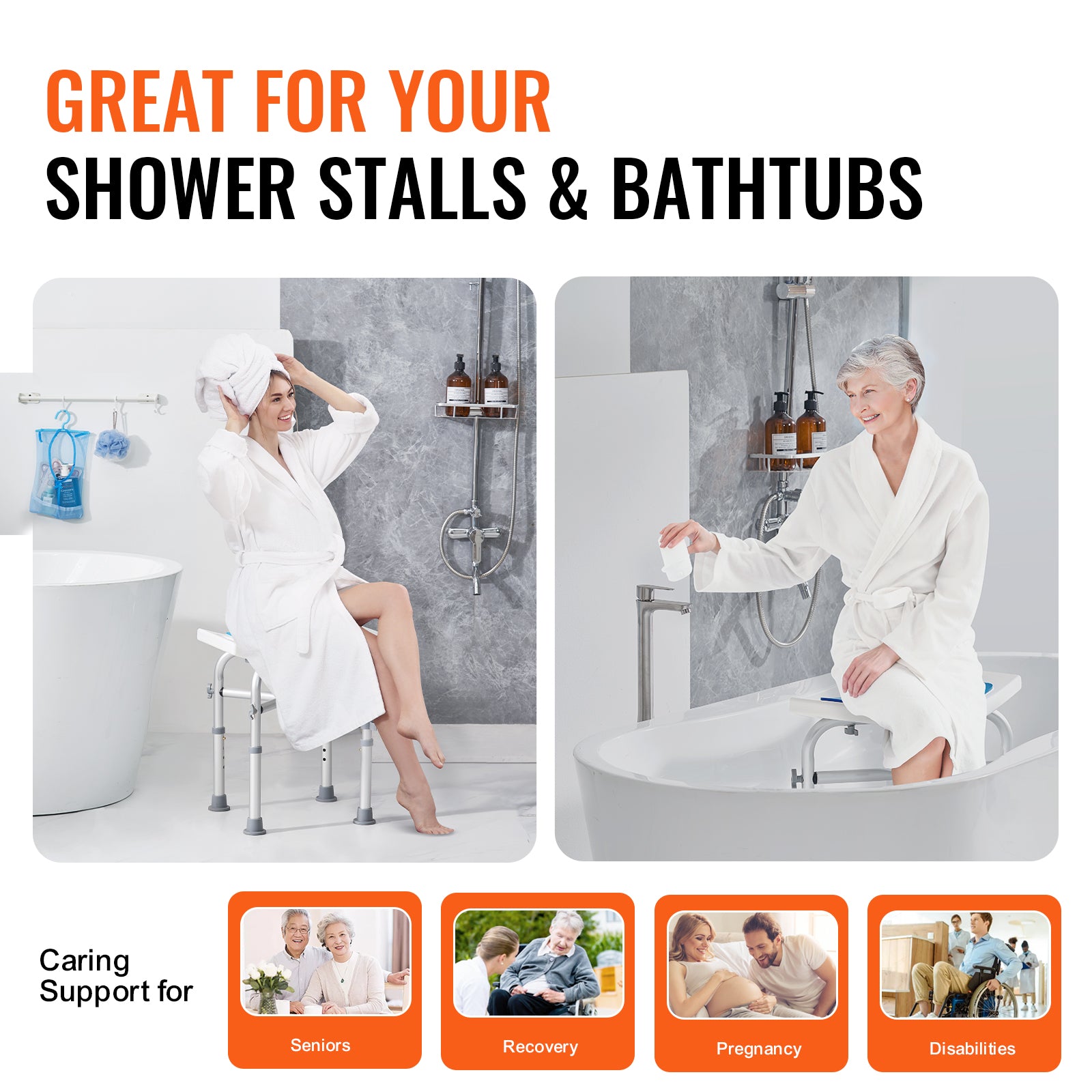Shower Chair for Inside Shower, Adjustable Height Shower Stool with Crossbar Support, Shower Seat for Shower Tub, Non-Slip Bench Bathtub Stool Seat for Elderly Disabled Adults Handicap, 500 lbs