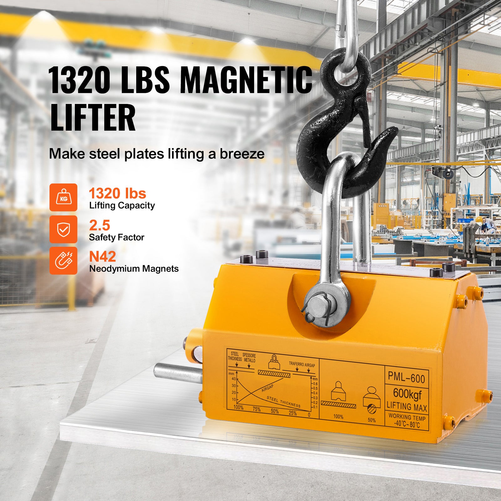 Magnetic Lifter, 1320 lbs/600kg Pulling Capacity, 2.5 Safety Factor, Steel and Neodymium, Lifting Magnet with Release, Permanent Lift Magnets, Heavy Duty Magnet for Hoist, Block, Shop Crane