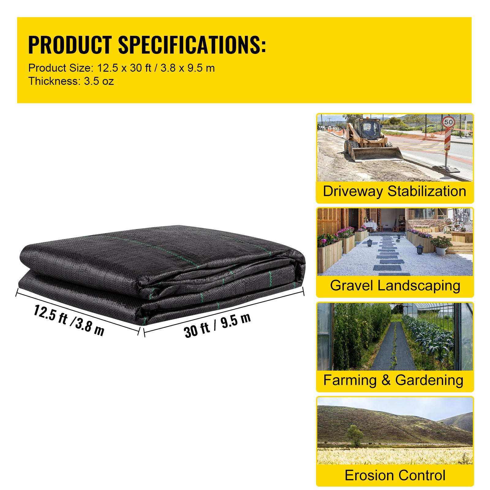 Geotextile Fabric, 12.5 x 30 ft 3.5oz Woven PP Driveway Drain Cloth w/ 600lbs Tensile Strength, Heavy Duty Underlayment for Soil Stabilization, Landscaping, Weed Barrier, 12.5FT30FT-3.5OZ, Black