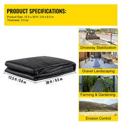 Geotextile Fabric, 12.5 x 30 ft 3.5oz Woven PP Driveway Drain Cloth w/ 600lbs Tensile Strength, Heavy Duty Underlayment for Soil Stabilization, Landscaping, Weed Barrier, 12.5FT30FT-3.5OZ, Black
