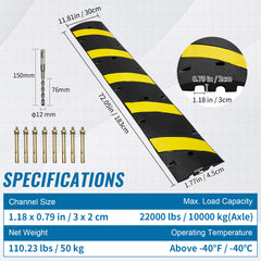 2 PCs 72'' Rubber Speed Bump 2 Channel 22000lbs Load Heavy Duty Speed Hump