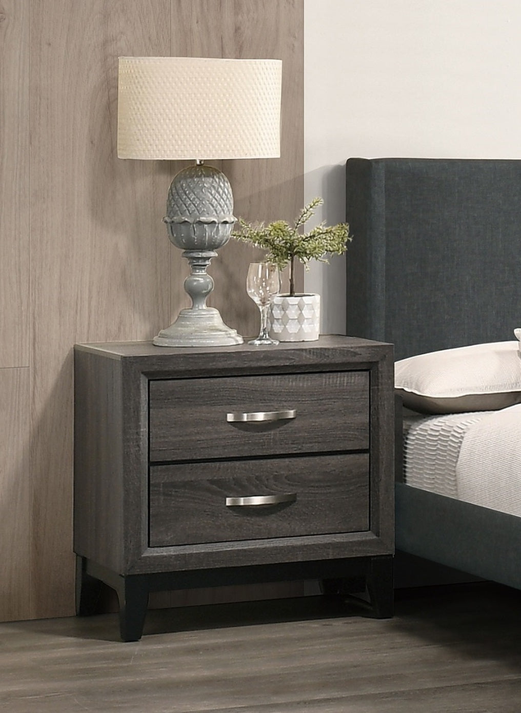Bedroom Furniture Rustic Grey Oak Simple 1pc Nightstand 2-Drawers Bed Side Table Solidwood
