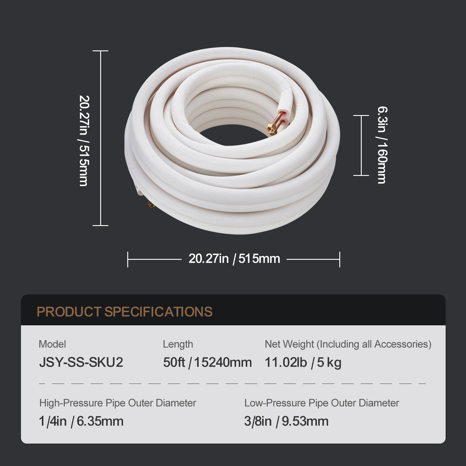 50FT Mini Split Line Set, 1/4" & 3/8" O.D Copper Pipes Tubing and Triple-Layer Insulation, for Mini Split Air Conditioning Refrigerant or Heating Pump Equipment & HVAC with Wrapping Strips.