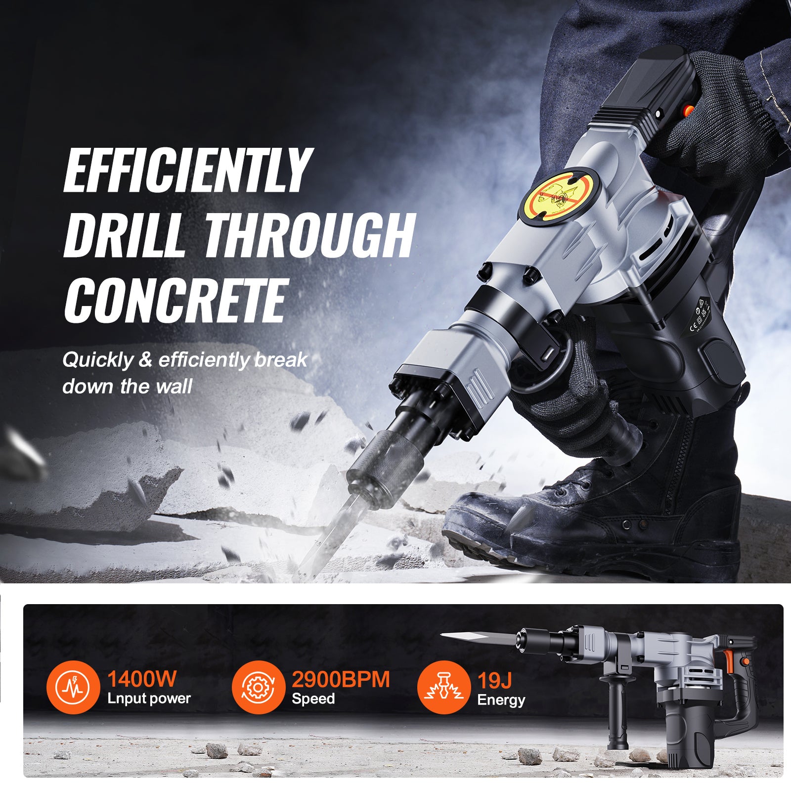 Demolition Jack Hammer, 1400W Electric Jackhammer Heavy Duty, 2pcs Chisels Bits Chipping with Case, 2900 BPM Concrete Breaker, Gloves Black