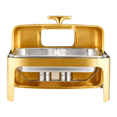 9Qt Rectangle Roll Top Chafing Dish Set with Full-Size Pan Stainless Steel Gold