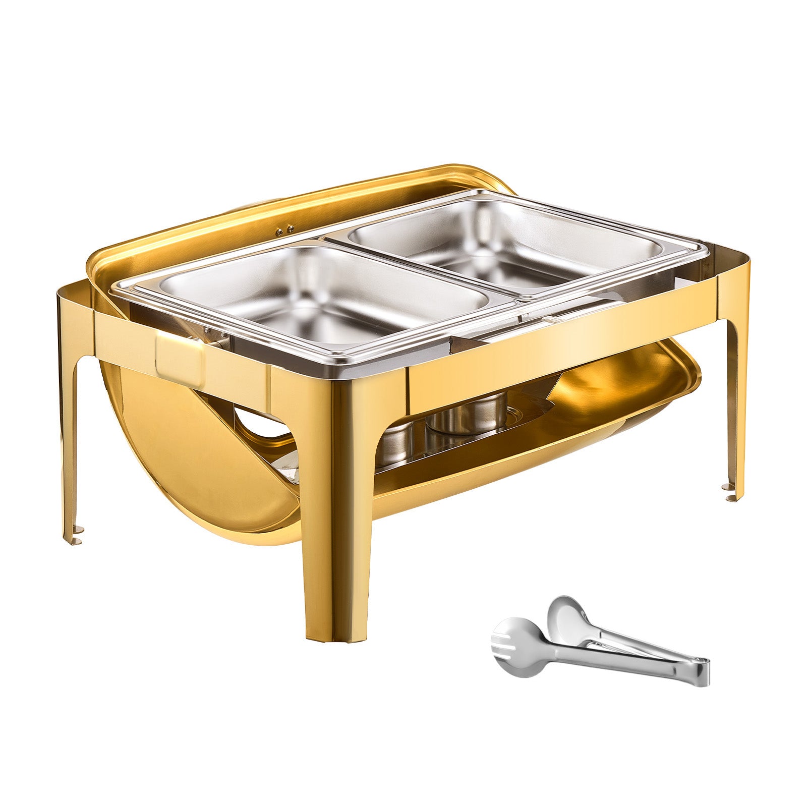 9Qt Rectangle Roll Top Chafing Dish Set with Full-Size Pan Stainless Steel Gold
