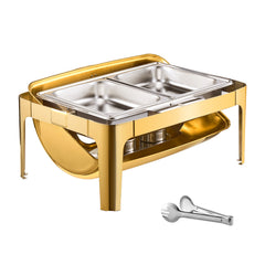 9Qt Rectangle Roll Top Chafing Dish Set with Full-Size Pan Stainless Steel Gold