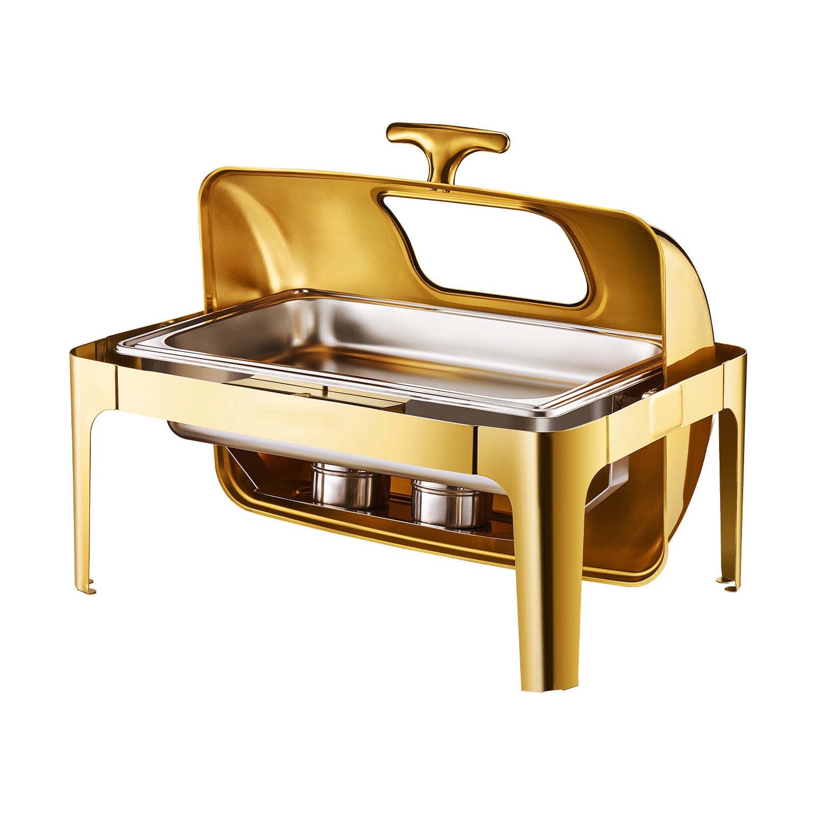 9Qt Rectangle Roll Top Chafing Dish Set with Full-Size Pan Stainless Steel Gold