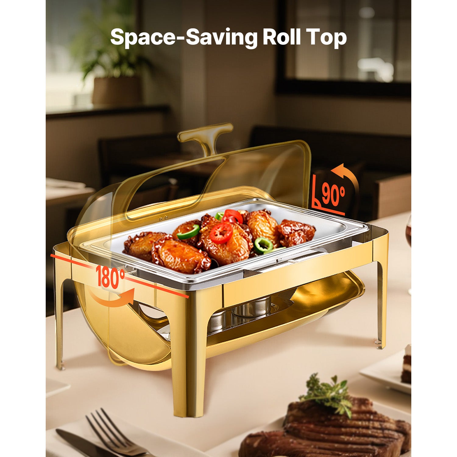 9Qt Rectangle Roll Top Chafing Dish Set with Full-Size Pan Stainless Steel Gold