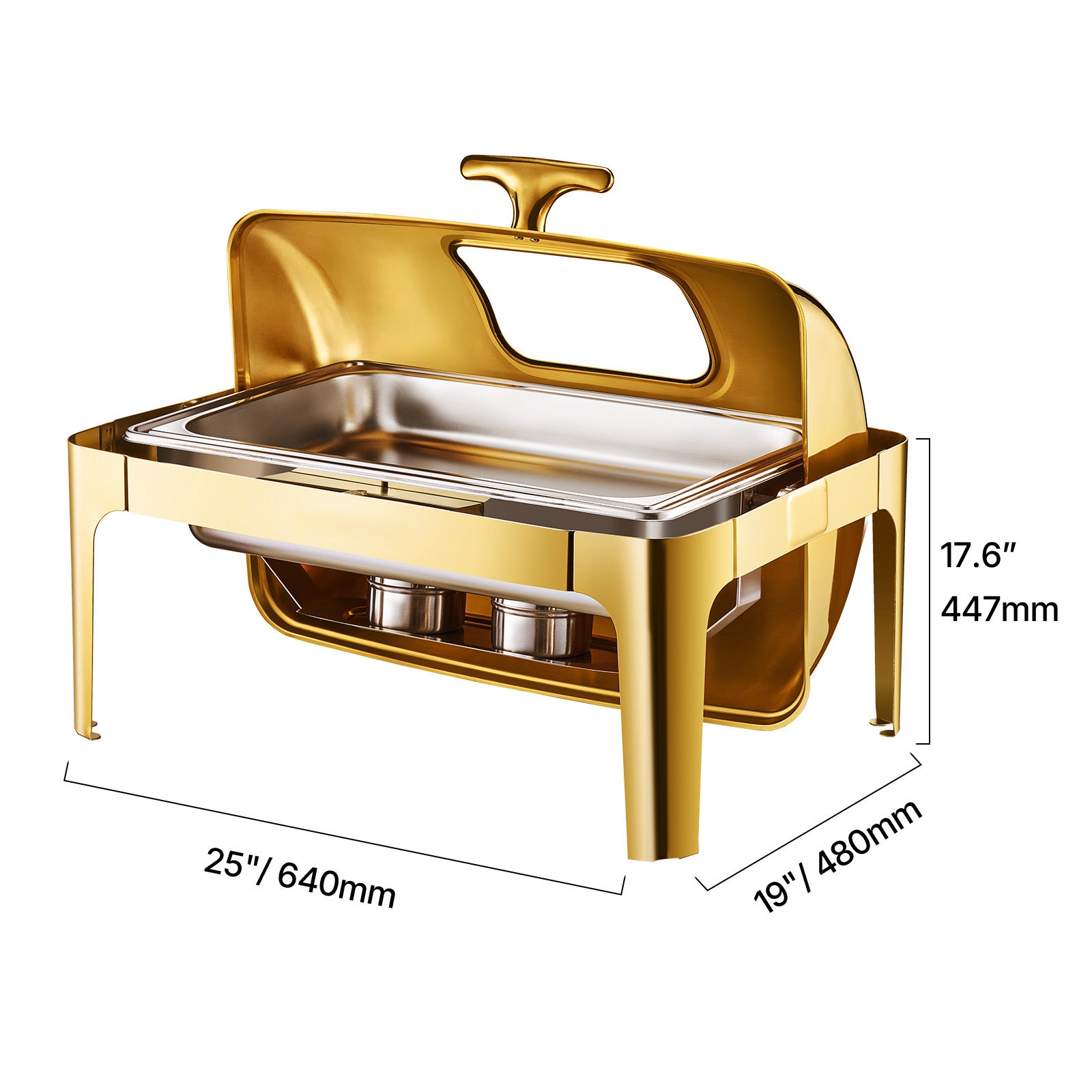9Qt Rectangle Roll Top Chafing Dish Set with Full-Size Pan Stainless Steel Gold