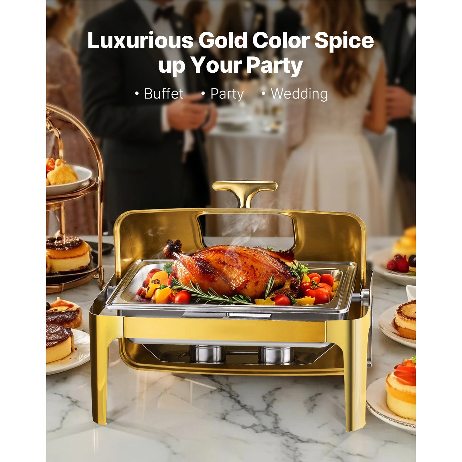 9Qt Rectangle Roll Top Chafing Dish Set with Full-Size Pan Stainless Steel Gold