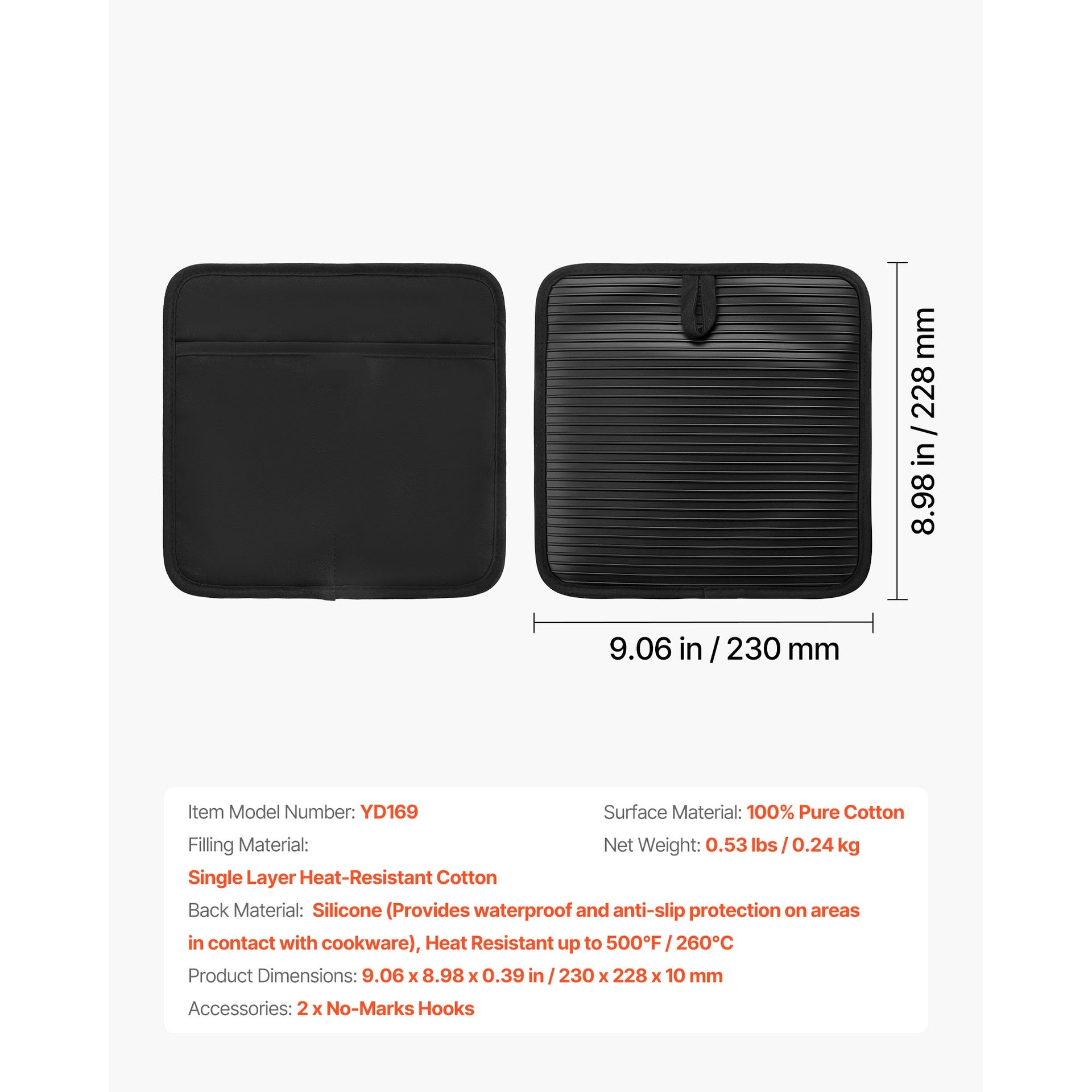 Pot Holders, Heat Resistant to 500°F with Ribbed Soft Anti-Slip Silicone Strips, 100% Cotton 9.06 x 8.98 inch Hot Pads with 2 No-Marks Hooks, Washable Pot Trivets for Kitchen & Barbeque, 2 Pack