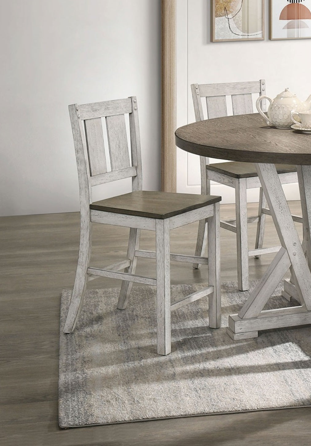 Antique White Finish Solid wood Farmhouse Design Kitchen Set of 2pc Counter Height Dining Chairs Slat Back Chairs Dining Room