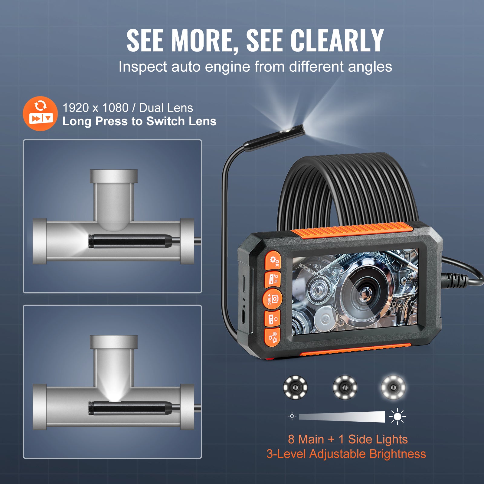 Endoscope Camera with Lights Dual Lens Borescope 16.4FT Cable 4.3" Screen
