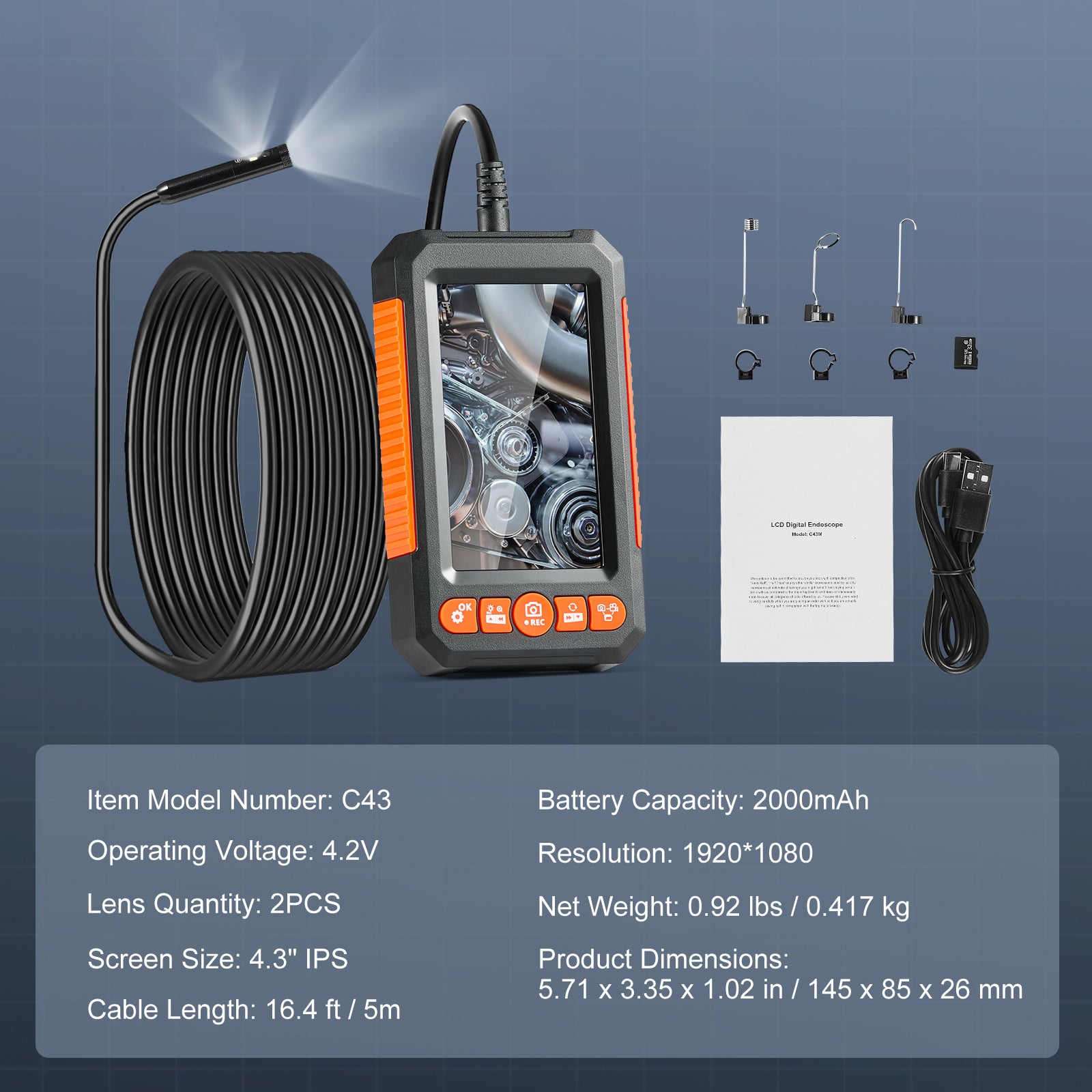 Endoscope Camera with Lights Dual Lens Borescope 16.4FT Cable 4.3" Screen